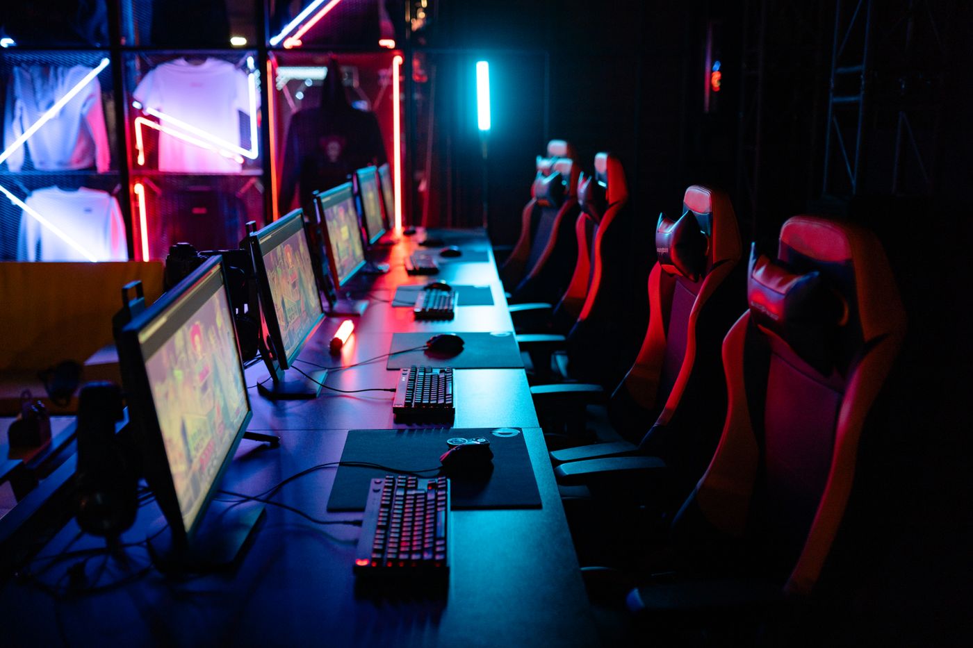Blue-lit PC gaming room